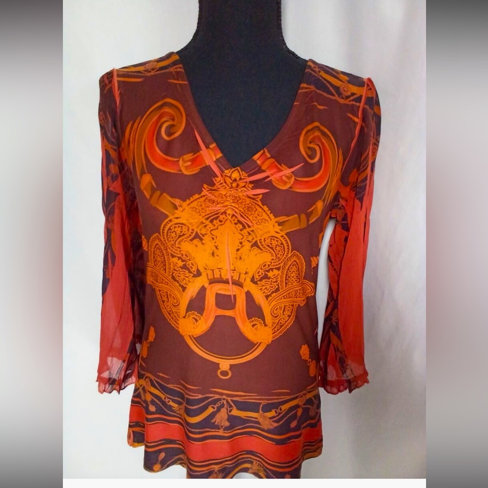 One World shirt - brown/orange long sleeve v-neck tunic top